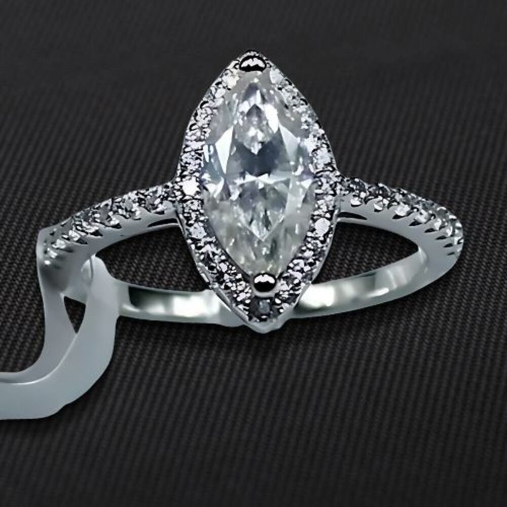 Moissanite Engagement Ring Marquise Cut Halo Pave CZ Sterling Silver 7 NWT